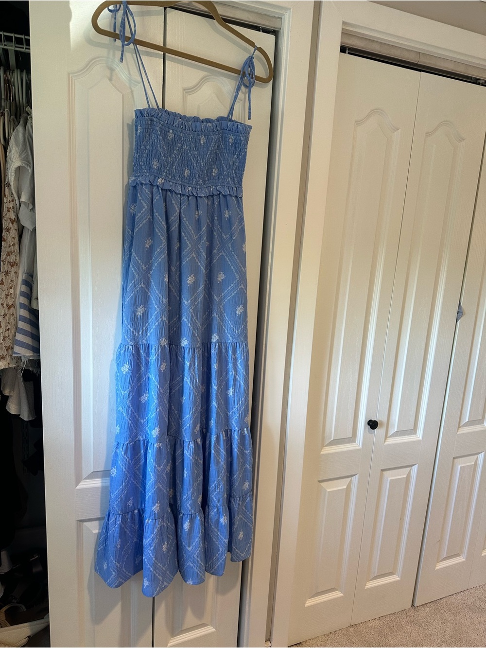 Forever 21 Light Blue Smocked Tiered Maxi Dress with Tie Straps